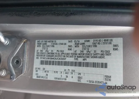 2016 Ford Escape Se from USA, damaged, VIN 1FMCU9G94GUC83057